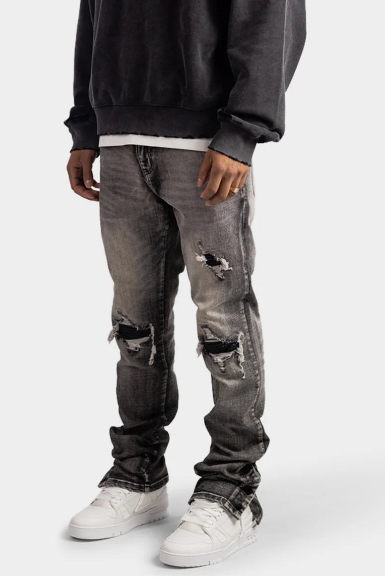 RIVERO BUTTON RIPPED DENIM JEANS GREY