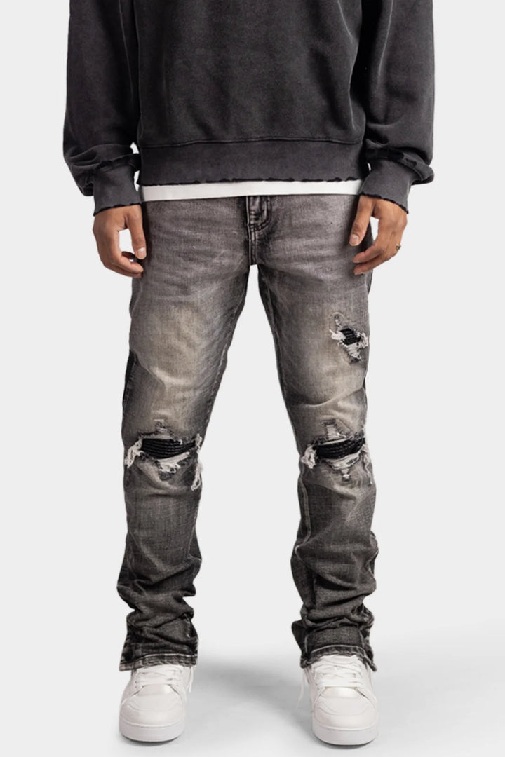 RIVERO BUTTON RIPPED DENIM JEANS GREY